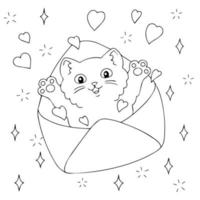 The kitten jumps out of the envelope. Coloring book page for kids. Valentine's Day. Cartoon style character. Vector illustration isolated on white background.