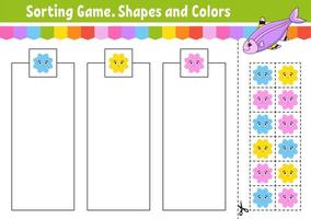 Sorting game. Shapes and colors. Cut and glue. Education developing worksheet. Game for kids. Color activity page. Puzzle for children. Cute character. Vector illustration. cartoon style.