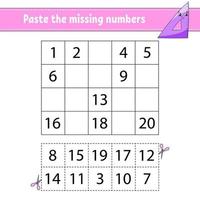 Paste the missing numbers 1-20. Game for children. Handwriting practice. Learning numbers for kids. Education developing worksheet. Activity page. Isolated vector illustration in cute cartoon style.