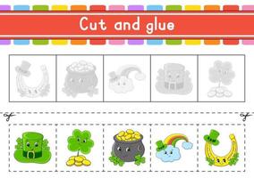 Cut and play. Paper game with glue. Flash cards. Education worksheet. Activity page. Scissors practice. Isolated vector illustration. cartoon style. St. Patrick's day.