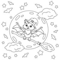 A cute bat flies on a magic broomstick at night. Coloring book page for kids. Cartoon style character. Vector illustration isolated on white background.