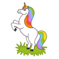 The magical unicorn reared up. The animal horse stands on its hind legs. Cartoon style. Simple flat vector illustration.