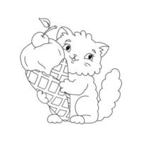 A cute fluffy cat holds delicious appetizing ice cream in its paws. Coloring book page for kids. Cartoon style. Vector illustration isolated on white background.