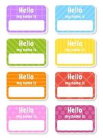 Hello name badge. Bright stickers. Rectangular label. Color vector isolated illustration.