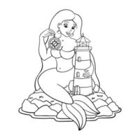 una hermosa sirena sostiene una brújula cerca del faro. página para colorear para niños. sello digital. personaje de estilo de dibujos animados. ilustración vectorial aislado sobre fondo blanco. vector