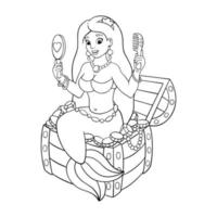 A beautiful mermaid sits on a treasure chest. Coloring page for kids. Digital stamp. Cartoon style character. Vector illustration isolated on white background.
