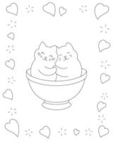 Enamored cats are sitting in a cup. Coloring book page for kids. Valentine's Day. Cartoon style character. Vector illustration isolated on white background.