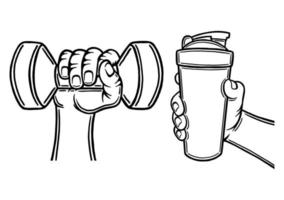 Man holding a dumbbell and protein shaker. vector