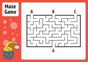 Rectangle maze. Game for kids. Three entrances, one exit. Education worksheet. Puzzle for children. Labyrinth conundrum. Color vector illustration. Find the right path. cartoon character.