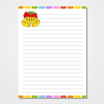 Sheet template for notebook, notepad, diary. Lined paper. Cute character. With a color image. Isolated vector illustration. cartoon style.
