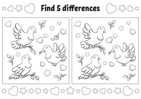 Find five differences. Coloring page for kids. Activity worksheet for children. Vector illustration isolated on white background.