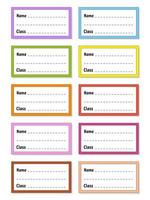 Back to school labels. Set stickers for notebook. Name and class. Bright stickers. Rectangular label. Color vector isolated illustration.