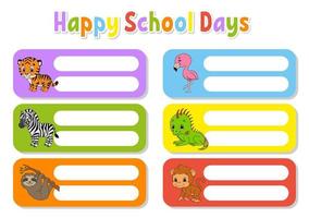 School name label. Bright stickers. Rectangular label. Cute characters. Color vector isolated illustration.