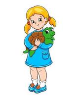 Little cute girl is holding a turtle. Cartoon character. Colorful vector illustration. Isolated on white background. Design element. Template for your design, books, stickers, cards.