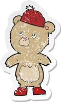 retro distressed sticker of a cartoon bear in hat vector