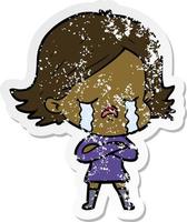 distressed sticker of a cartoon girl crying vector