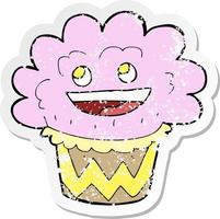 retro distressed sticker of a cartoon happy cupcake vector