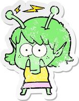 distressed sticker of a cartoon alien girl vector