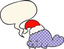 cartoon christmas walrus and speech bubble in comic book style vector