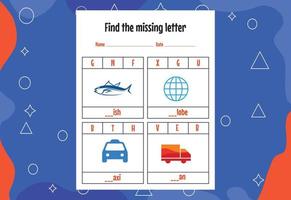 Find the missing letter. Education spelling worksheets for kids. Activity page vector