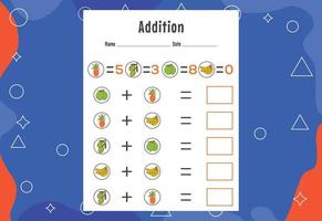 Addition with different elements for kids. An educational page for kids. Vector design