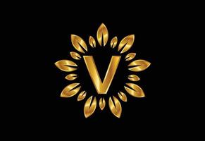 Initial V monogram letter alphabet with golden leaf wreath. Flower logo design concept vector