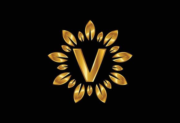 Initial V monogram letter alphabet with golden leaf wreath. Flower logo design concept