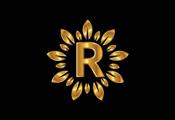 Initial R monogram letter alphabet with golden leaf wreath. Flower logo design concept