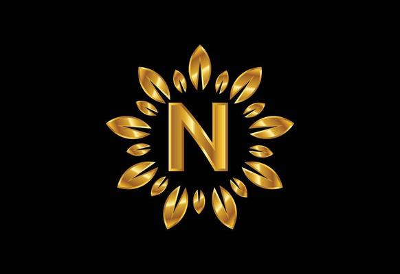 Initial N monogram letter alphabet with golden leaf wreath. Flower logo design concept