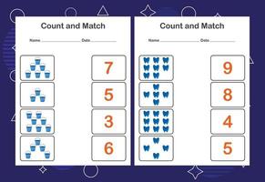 Contar y combinar la hoja de trabajo para niños. cuenta y empareja con el número correcto. juego educativo a juego. vector