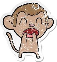 distressed sticker of a shouting cartoon monkey vector