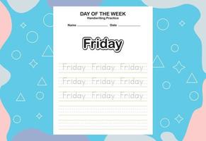 Day name of the week trace and writing practice sheet vector