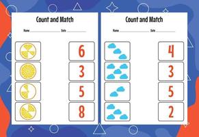 Count and match with the correct number. Matching education game. Count how many items and choose the correct number vector