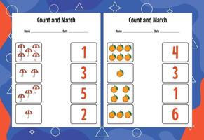 Count and match with the correct number. Matching education game. Count how many items and choose the correct number vector