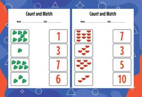 Count and match with the correct number. Matching education game. Count how many items and choose the correct number vector