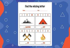 Find the missing letter. Education spelling worksheets for kids. Activity page vector