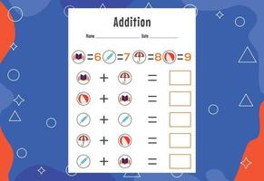 Addition with different elements for kids. An educational page for kids. Vector design