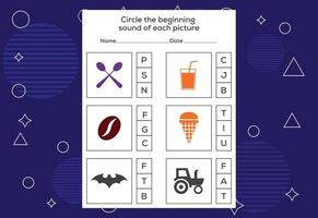 Circle the beginning sound of each picture. Educational game for kids vector