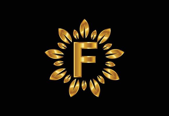Initial F monogram letter alphabet with golden leaf wreath. Flower logo design concept