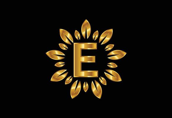 Initial E monogram letter alphabet with golden leaf wreath. Flower logo design concept