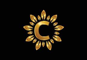 Initial C monogram letter alphabet with golden leaf wreath. Flower logo design concept vector