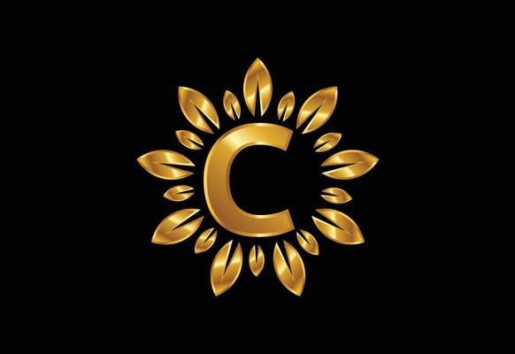 Initial C monogram letter alphabet with golden leaf wreath. Flower logo design concept