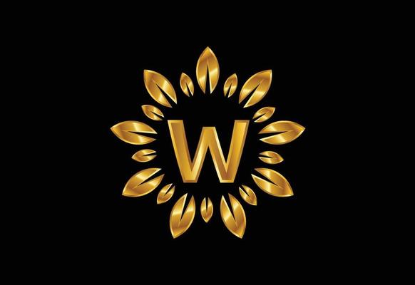 Initial W monogram letter alphabet with golden leaf wreath. Flower logo design concept