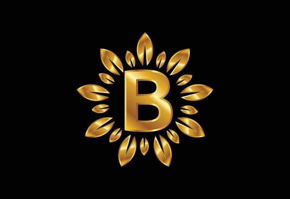 Initial B monogram letter alphabet with golden leaf wreath. Flower logo design concept