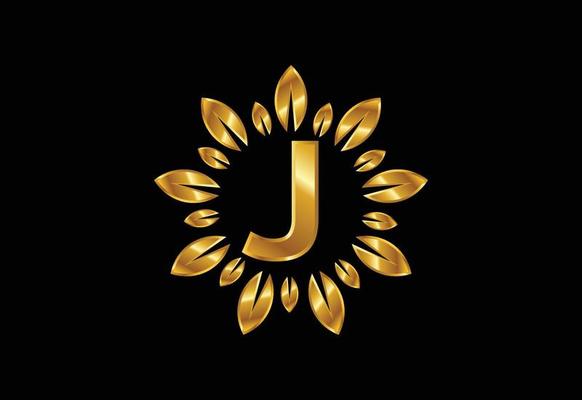 Initial J monogram letter alphabet with golden leaf wreath. Flower logo design concept