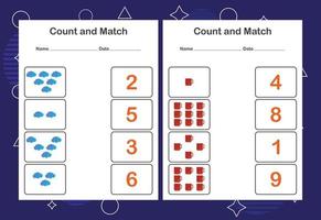 Contar y combinar la hoja de trabajo para niños. cuenta y empareja con el número correcto. juego educativo a juego. vector