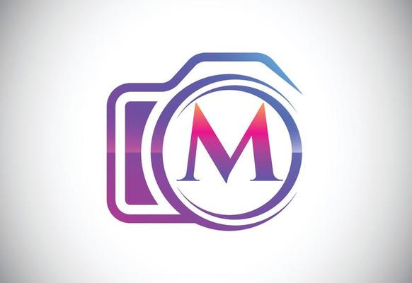 Initial M monogram letter with a camera icon. Logo for photography business, and company identity