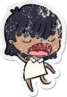 distressed sticker of a cartoon woman talking loudly vector