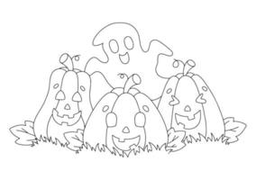 Cute pumpkins and a ghost. Coloring book page for kids. Cartoon style character. Vector illustration isolated on white background. Halloween theme.