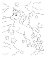 A cute unicorn flying across the sky. Coloring book page for kids. Cartoon style character. Vector illustration isolated on white background.